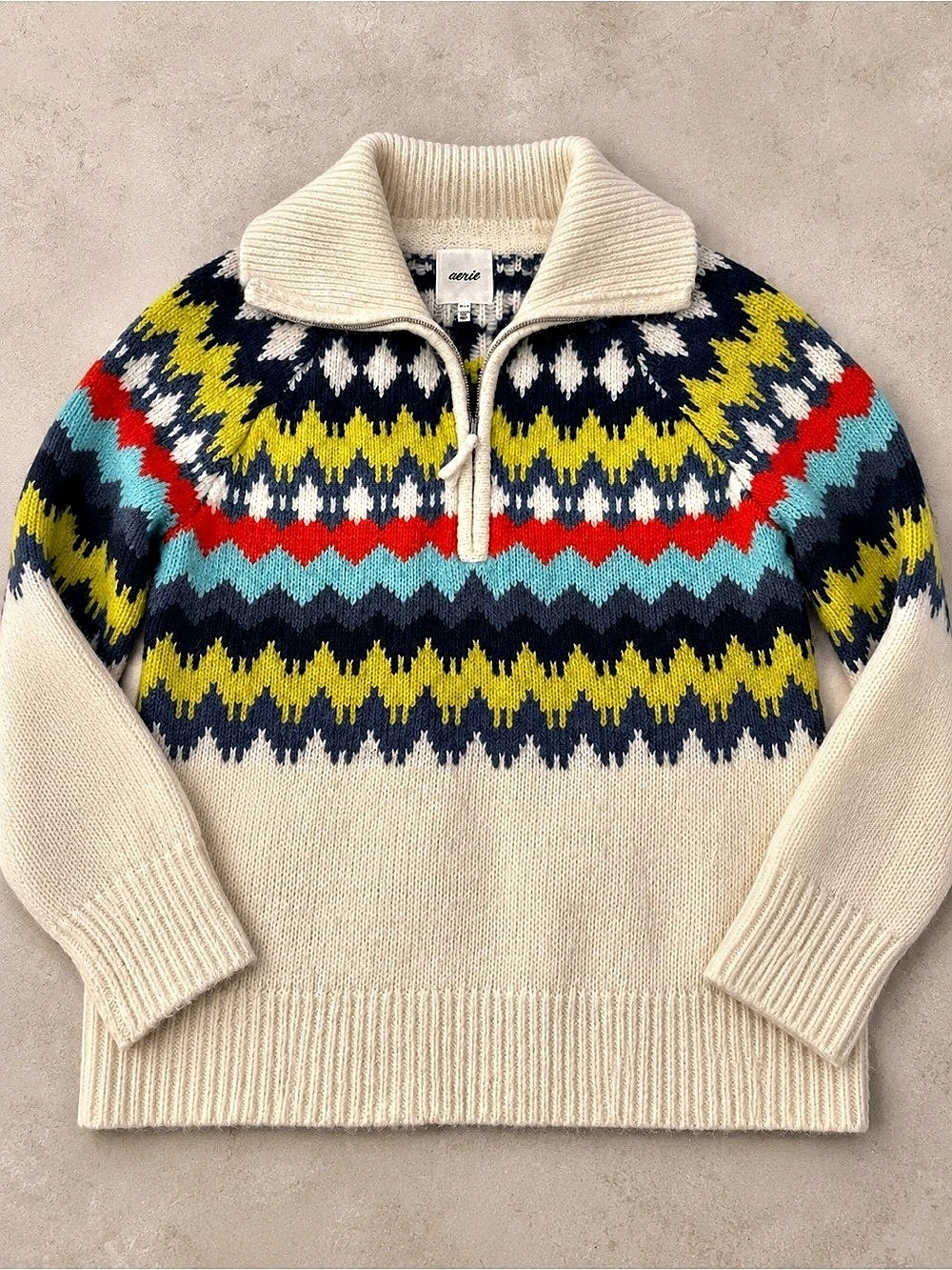 Aerie So Nostalgic Quarter Zip Sweater Cream & Blue XS